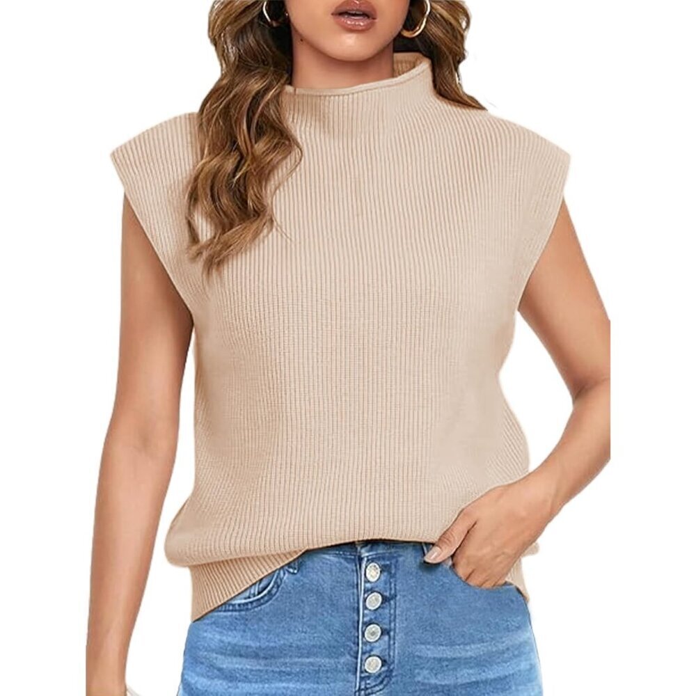 Women's Sleeveless Knit Sweater Vest High Neck Cap Sleeve Casual Top